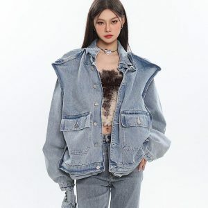 Asymmetric Design Y2K Denim Jacket for Trendy Summer Outfits