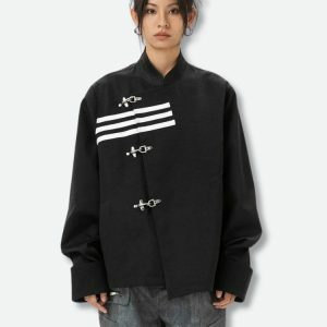 Asymmetric Frog Button Jacket - Y2K Grunge Style for Trendy Summer Outfits