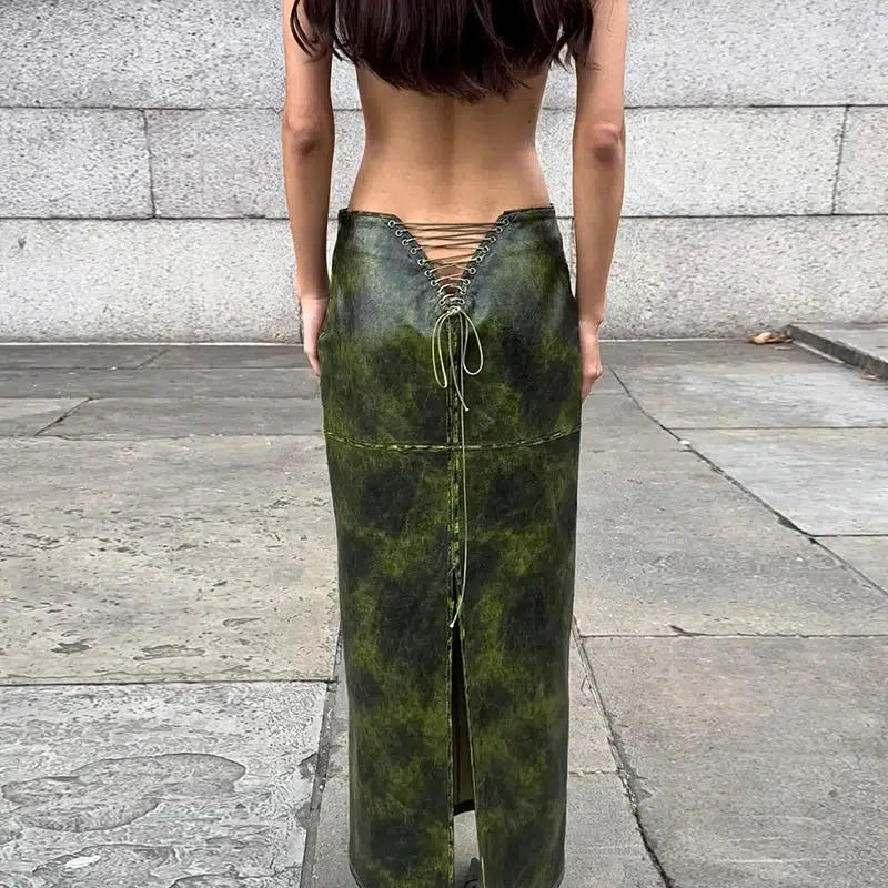 Baddie Leaf Lace Up Split Maxi Skirt - Y2K Summer Fashion Essential