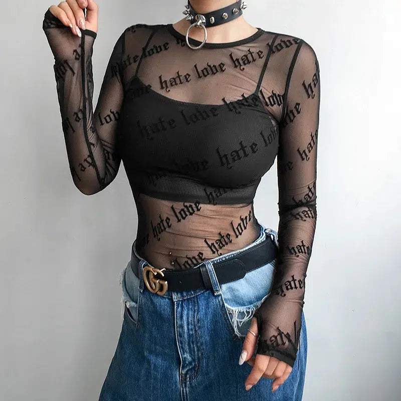 Baddie Love Hate Sheer Mesh Top - Y2K Grunge Party Outfit Essential