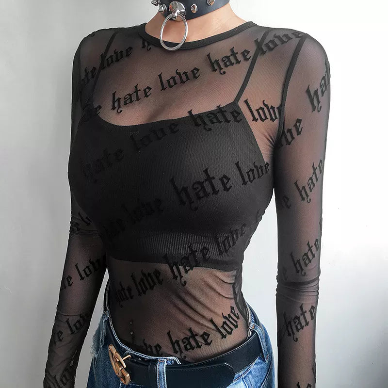 Baddie Love Hate Sheer Mesh Top - Y2K Grunge Party Outfit Essential