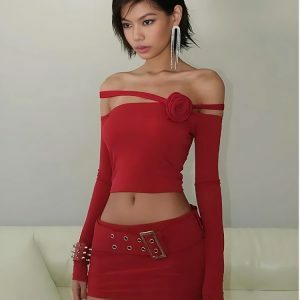 Baddie Rose Y2K Asymmetric Off Shoulder Top for Trendy Summer Vibes