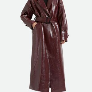 Burgundy Y2K Faux Leather Coat for Retro 90s Grunge Style Outfits