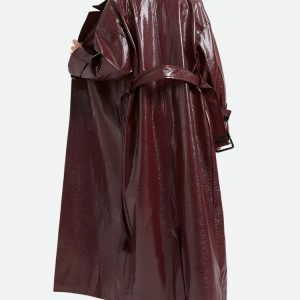 Burgundy Y2K Faux Leather Coat for Retro 90s Grunge Style Outfits