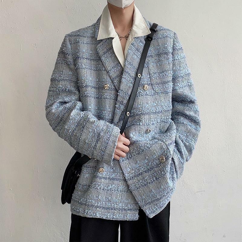 Chic Lapel Collar Blue Tweed Blazer for Y2K Summer Outfits & 90s Vibes