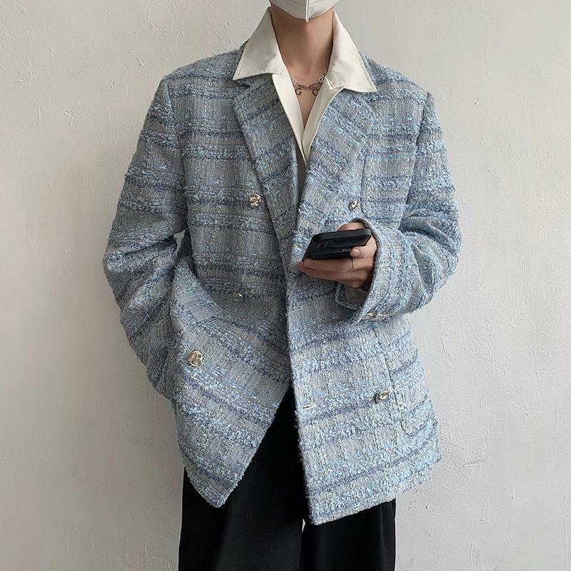 Chic Lapel Collar Blue Tweed Blazer for Y2K Summer Outfits & 90s Vibes