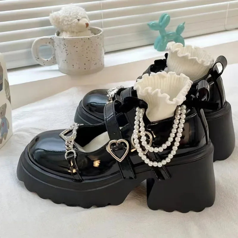 Chunky Platform Mary Jane Shoes - Y2K Grunge Style Heart Accessory