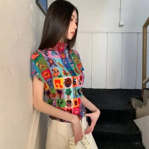 Colorful Sketchbook Pleated Top - Y2K Summer Outfit for Retro Vibes