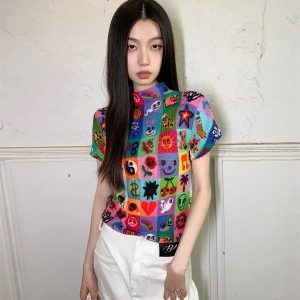 Colorful Sketchbook Pleated Top - Y2K Summer Outfit for Retro Vibes