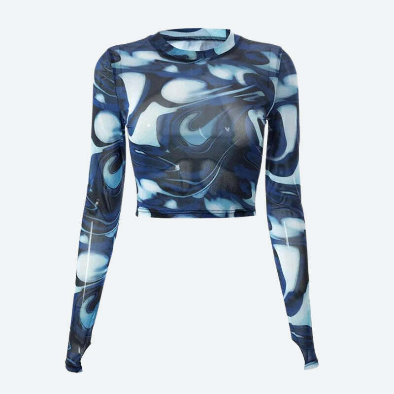 Cyberpunk Blue Aura Sheer Top - Y2K Grunge Summer Outfit Essential