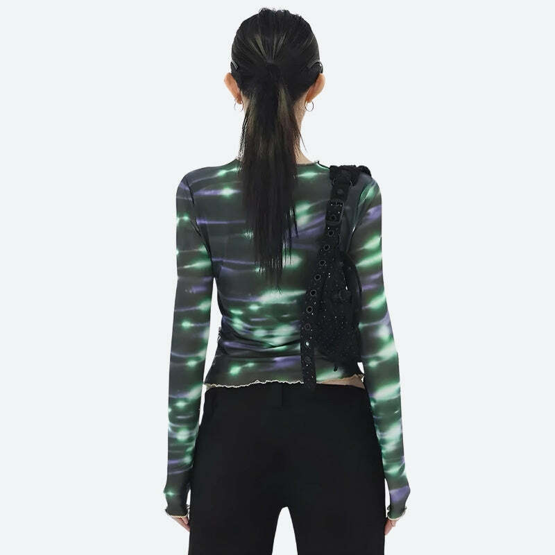 Cyberpunk Green Lights Y2K Mesh Top for Retro Summer Outfits