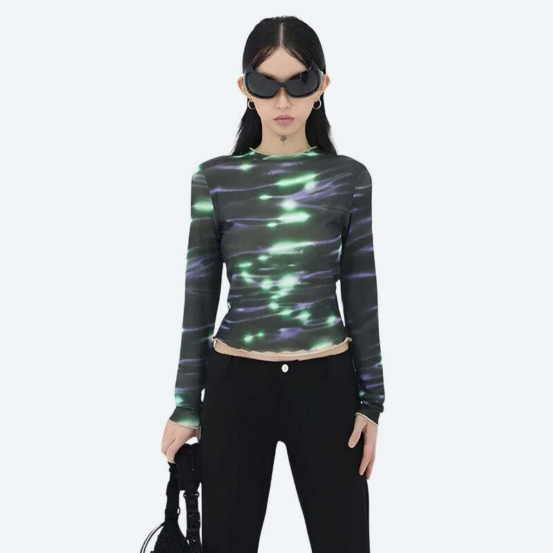 Cyberpunk Green Lights Y2K Mesh Top for Retro Summer Outfits