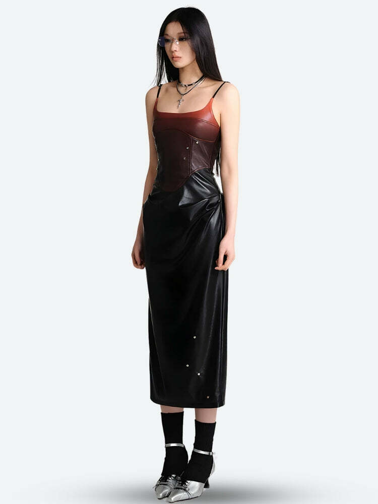 Cyberpunk Y2K Faux Leather Midi Dress for Edgy Summer Nights