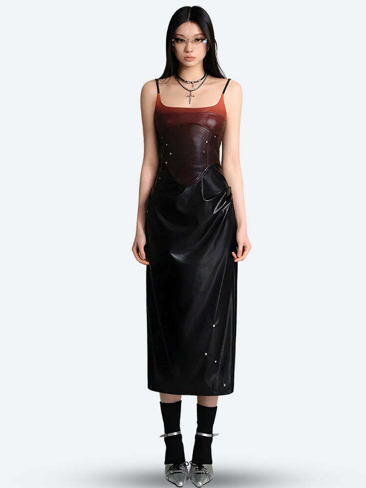 Cyberpunk Y2K Faux Leather Midi Dress for Edgy Summer Nights