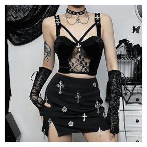 Dark Goth Velvet Crop Top - Y2K Grunge Style for Edgy Summer Outfits