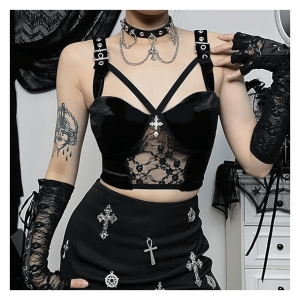 Dark Goth Velvet Crop Top - Y2K Grunge Style for Edgy Summer Outfits