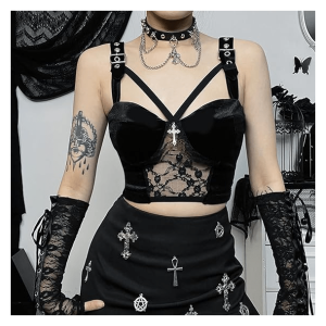 Dark Goth Velvet Crop Top - Y2K Grunge Style for Edgy Summer Outfits