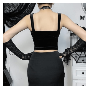 Dark Goth Velvet Crop Top - Y2K Grunge Style for Edgy Summer Outfits