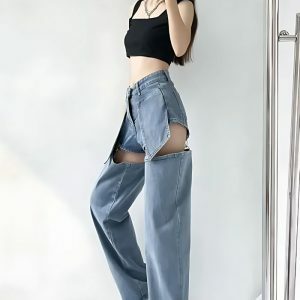 Detachable Straight Leg Jeans - Y2K Grunge Style for Effortless Summer Looks