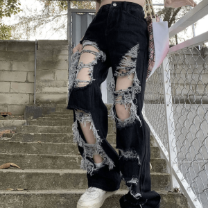 Distressed Black Y2K Jeans for Retro Grunge Summer Outfits