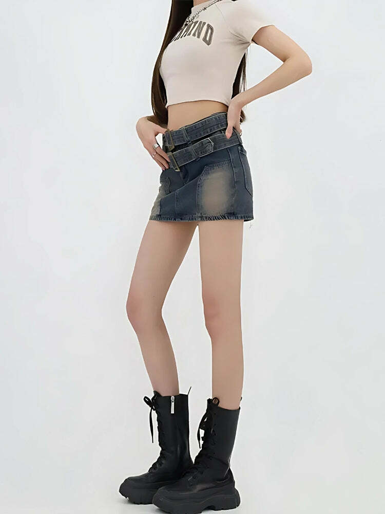 Double Belted Y2K Denim Mini Skort for Trendy Summer Outfits