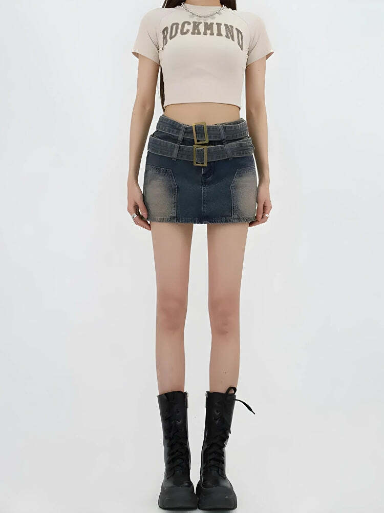 Double Belted Y2K Denim Mini Skort for Trendy Summer Outfits