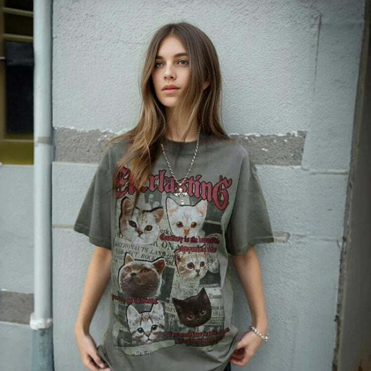 Everlasting Cats Tee: Y2K Grunge Style for Retro Summer Outfits