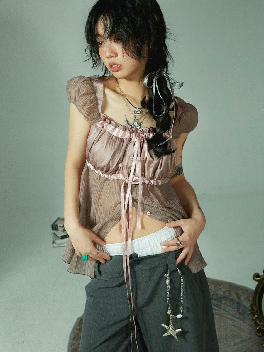 Fairy Grunge Sheer Ruched Top - Y2K Inspired Summer Fashion Essential