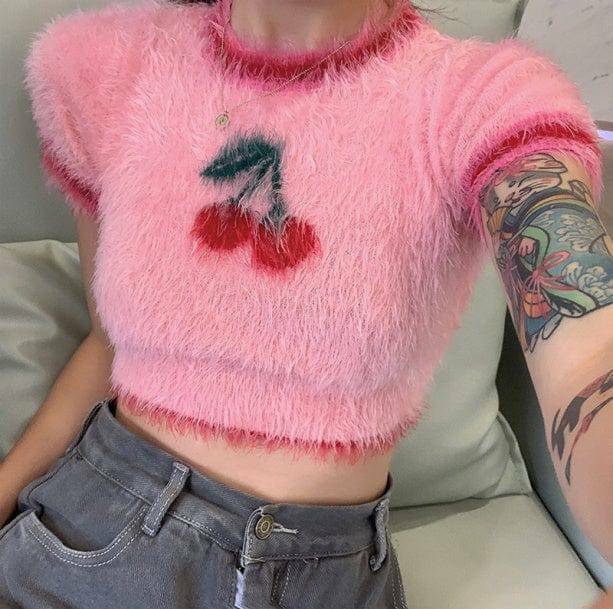 Fluffy Cherry Y2K Crop Top - Cute Summer Outfit for Retro Vibes