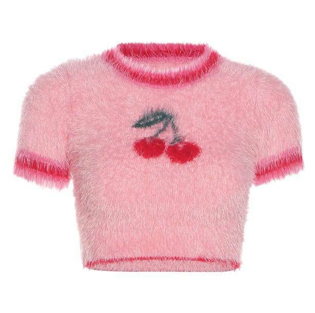 Fluffy Cherry Y2K Crop Top - Cute Summer Outfit for Retro Vibes