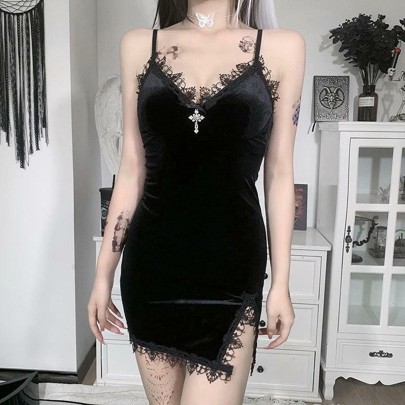 Goth Cross Detail Mini Dress - Y2K Grunge Style for Summer Parties