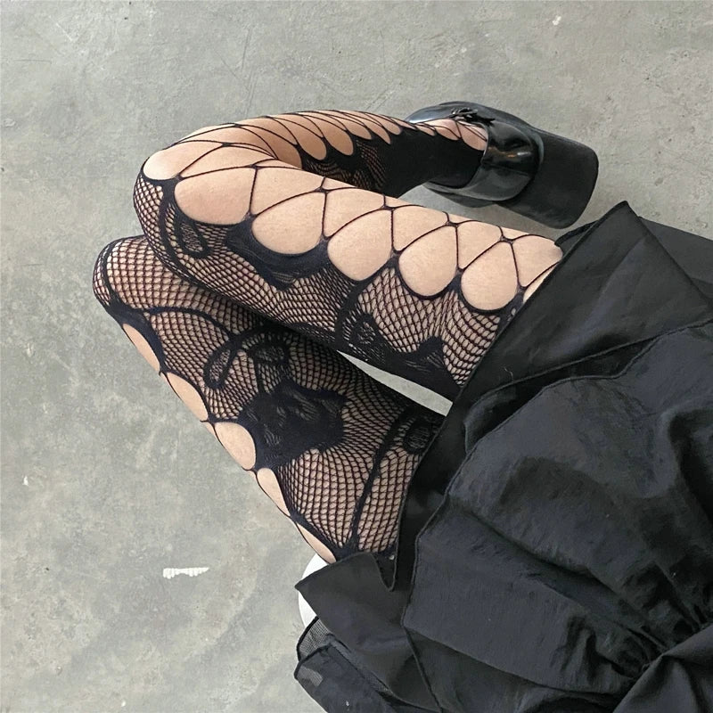 Goth Rose Fishnet Tights for Y2K Grunge and 90s Party Outfits