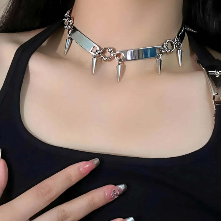 Goth Spiked Metal Choker for Y2K Grunge and Retro Summer Outfits