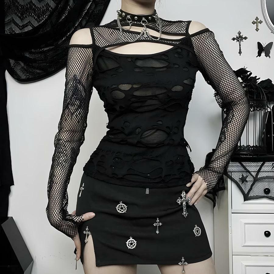 Goth Y2K Fishnet Ripped Top for Grunge Summer Outfits and Parties