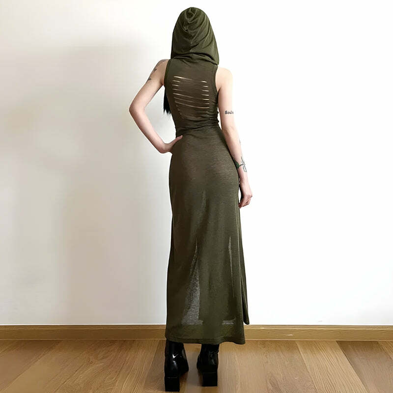 Goth Y2K Hooded Cut Out Back Midi Dress for Retro Summer Vibes