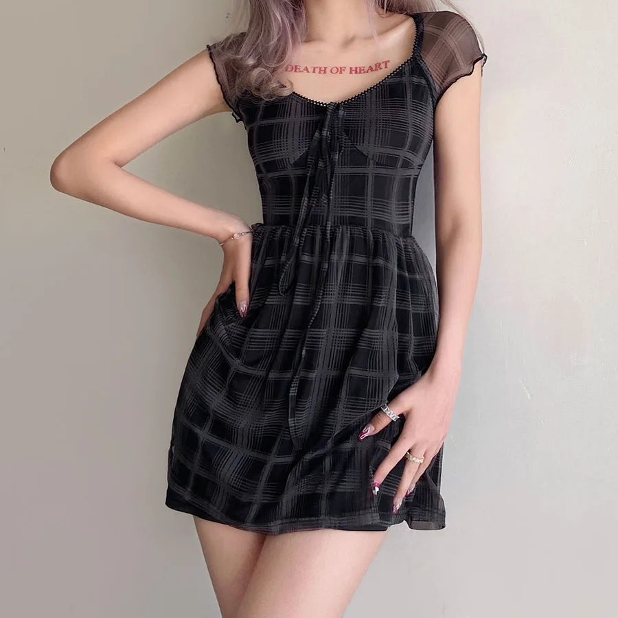 Goth Y2K Plaid Mini Dress - Retro Grunge Style for Summer Outfits