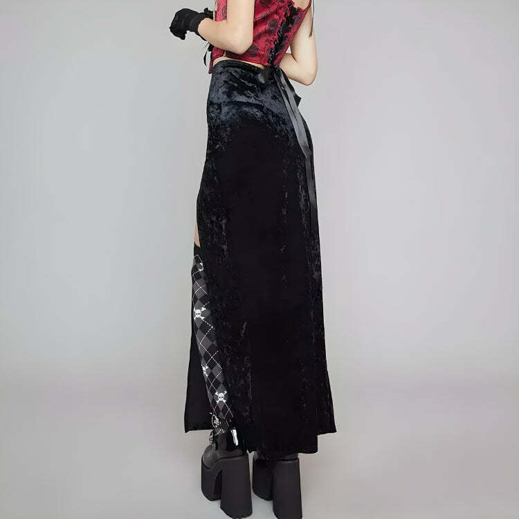 Goth Y2K Velvet High Split Midi Skirt for Retro Summer Outfits