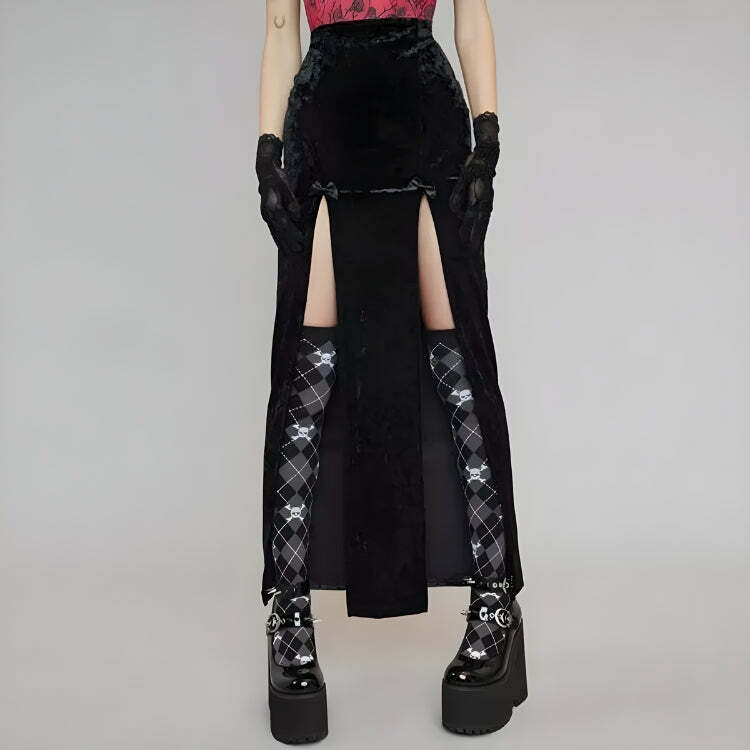 Goth Y2K Velvet High Split Midi Skirt for Retro Summer Outfits