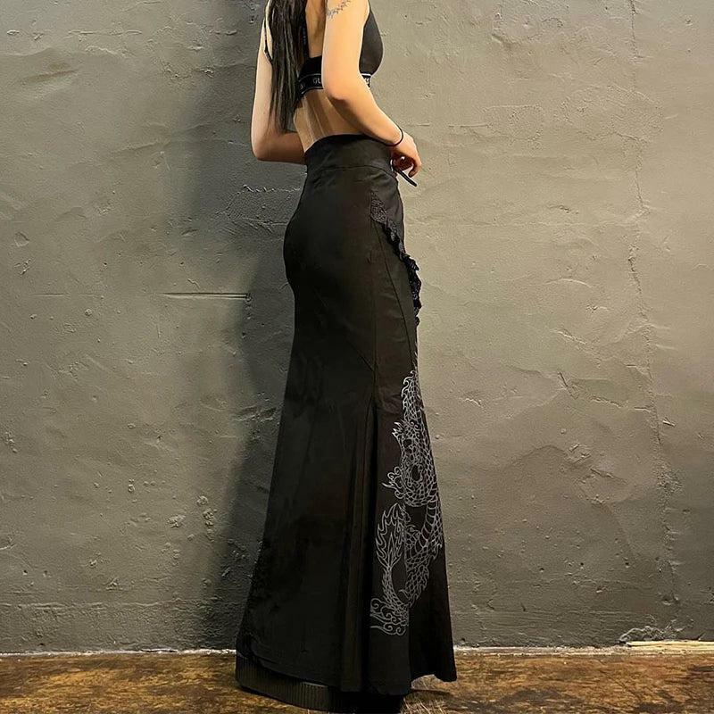 Gothic Dragon Print Y2K Maxi Skirt for Retro Summer Outfits