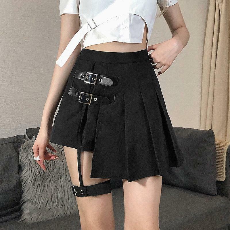 Gothic Y2K Belted Mini Skirt - Retro Grunge Summer Outfit Essential