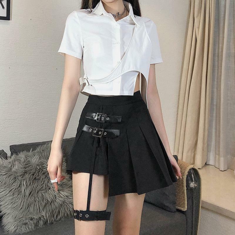 Gothic Y2K Belted Mini Skirt - Retro Grunge Summer Outfit Essential