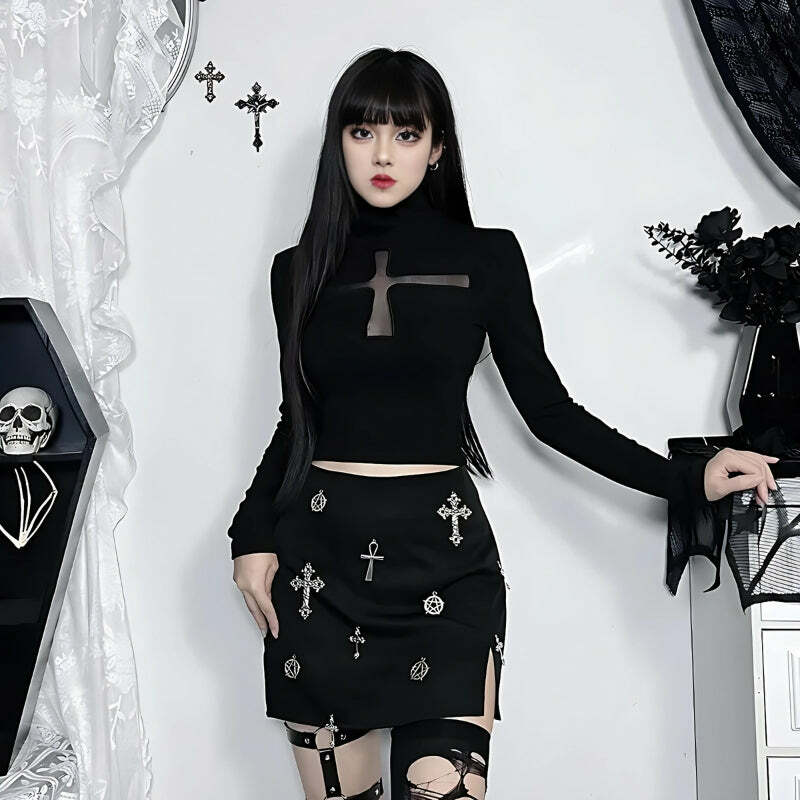 Gothic Y2K Cross Cut Out Top for Edgy Summer Outfits