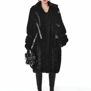 Gothic Y2K Faux Fur Fluffy Long Jacket for Retro Grunge Style