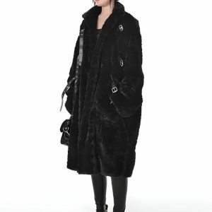 Gothic Y2K Faux Fur Fluffy Long Jacket for Retro Grunge Style