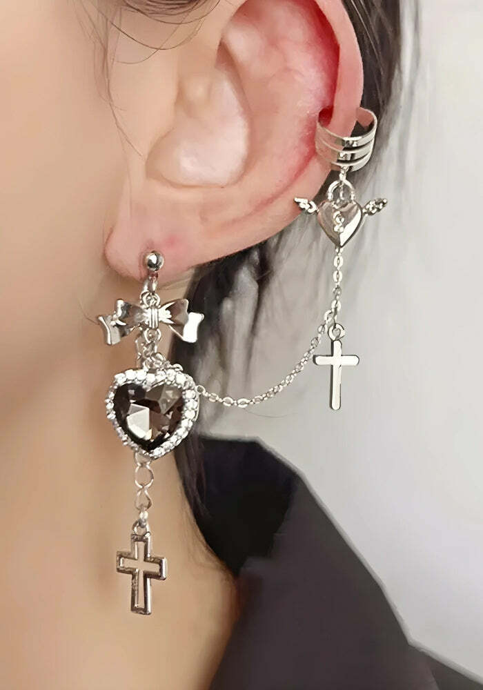 Gothic Y2K Heart Cross Chain Earrings for Retro Grunge Style