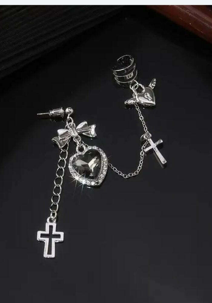 Gothic Y2K Heart Cross Chain Earrings for Retro Grunge Style