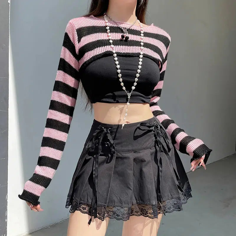 Gothic Y2K Striped Knitted Shrug Sweater for Retro Summer Outfits