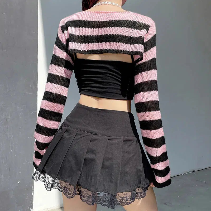 Gothic Y2K Striped Knitted Shrug Sweater for Retro Summer Outfits