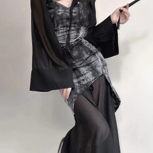 Gothic Y2K Wide Sleeve Qipao Midi Dress for Retro Summer Vibes