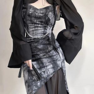 Gothic Y2K Wide Sleeve Qipao Midi Dress for Retro Summer Vibes